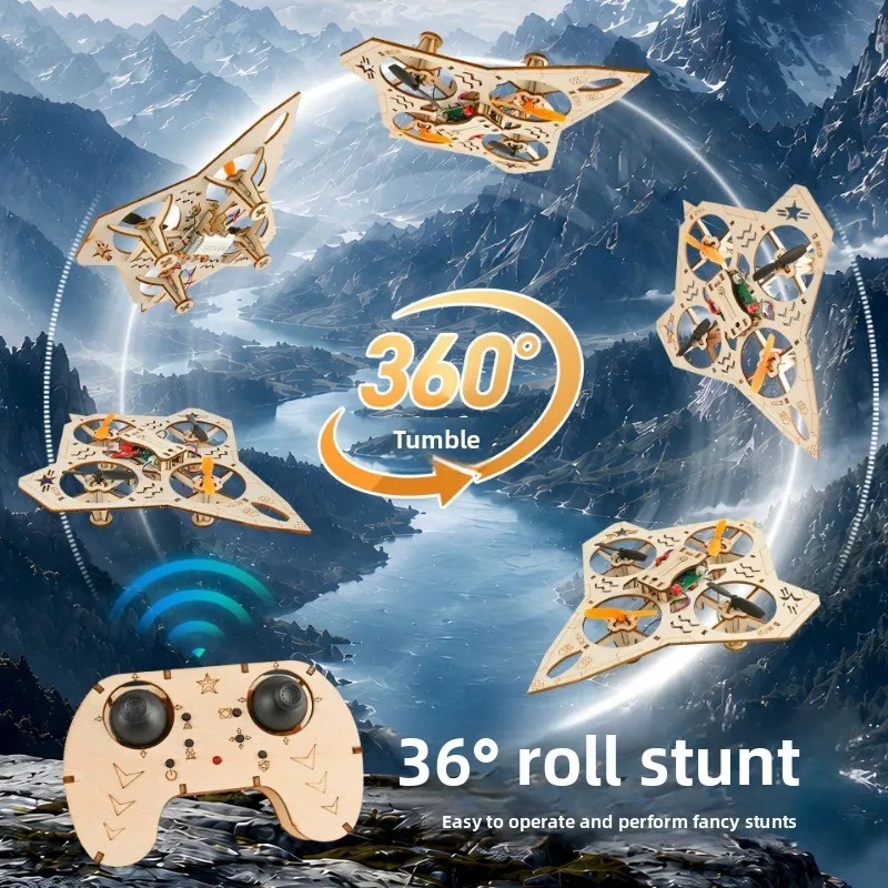 Kids DIY Wooden RC Fighter Aircraft Kit, Hand‑Assembled Quadrotor STEM Science Educational Puzzle Toy Plane