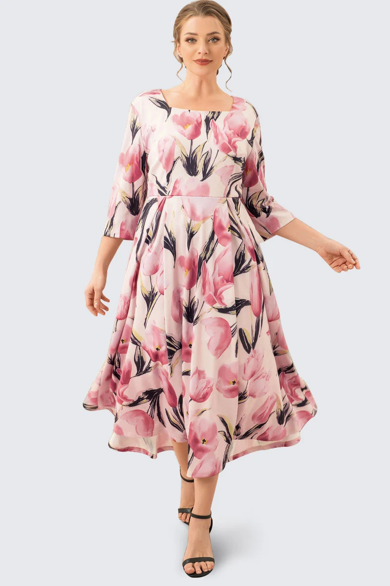 Women Plus Size Floral Print Dress Square Collar 3/4 Sleeve Sweet Casual Vintage Elegant A-Line Pleated Summer Fashion Dresses