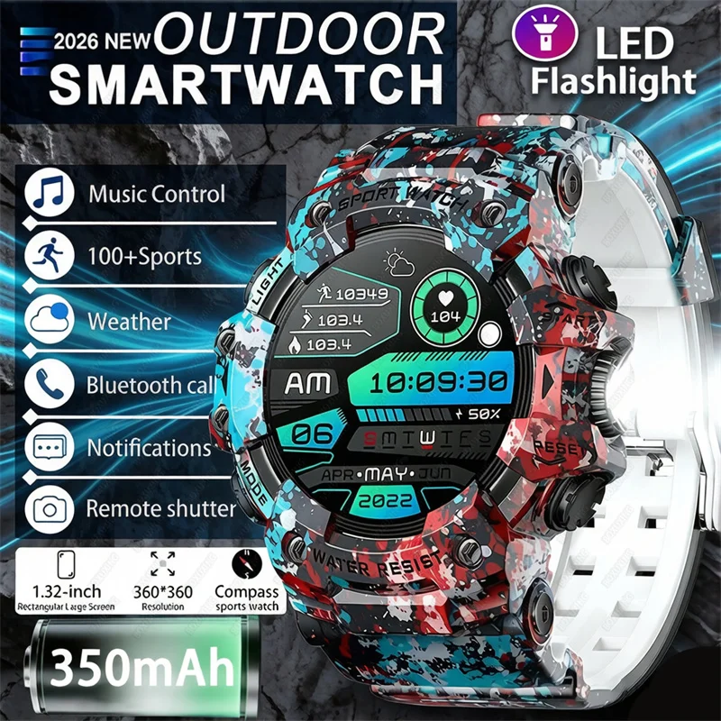 2026 Smart Watch Sport Outdoor Waterproof Bluetooth Phone Call Heart Rate Compass Flashlight Smartwatch Men Gift Smart Accessory