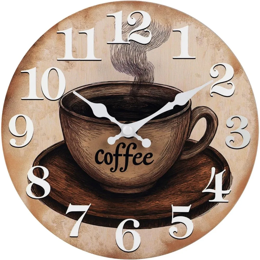

Kitchen wall clock, coffee cup themed rural retro glass clock, suitable for kitchens and coffee shops