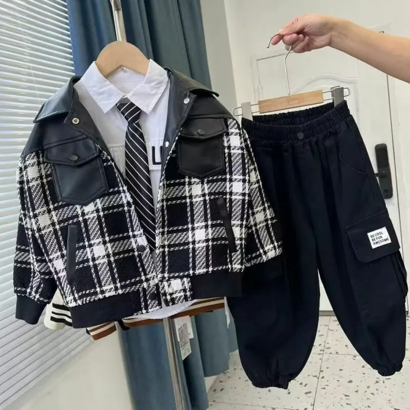 European And American Children's Fashionable Plaid Jacket With Hoodie Long Sleeves For Boys And Girls Autumn Winter Cardigan - view 2