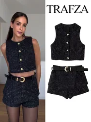 TRAFZA Women's Fashion Suits Black O-Neck Sleeveless Buttons Single Breasted Waistcoat+High Waist Belt Decoration Shorts