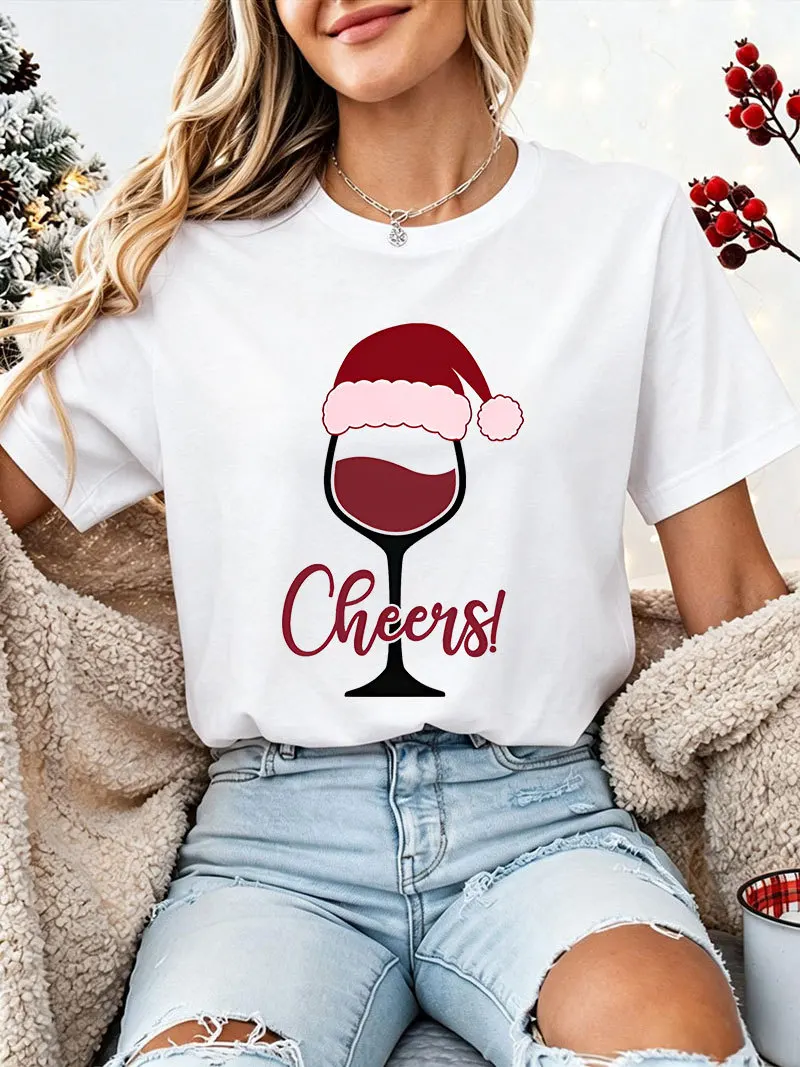 Women Cheers Santa Hat Wine Graphic T Shirt Short Sleeve Crew Neck Ladies Xmas Tees Soft Casual Loose Daily Female Party Outfit