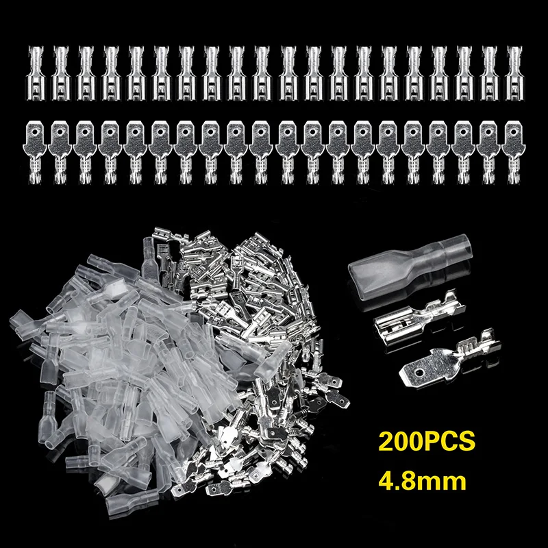 

200Pcs/Set Silver Crimp Spade Terminals Kit 4.8mm Female+Male Connectors with Insulated Sleeves 22-16 AWG