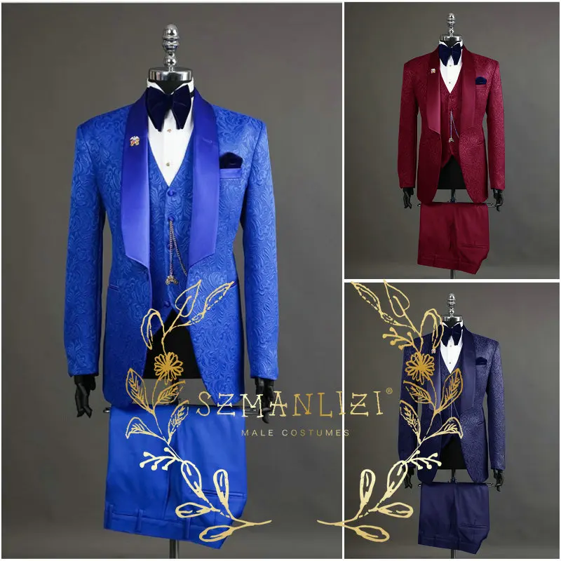 

Royal Blue Floral Wedding Suits For Men Formal Groom Tuxedos Fashion Business Blazer Vest Pants 3 Pieces Groomsmen Clothes