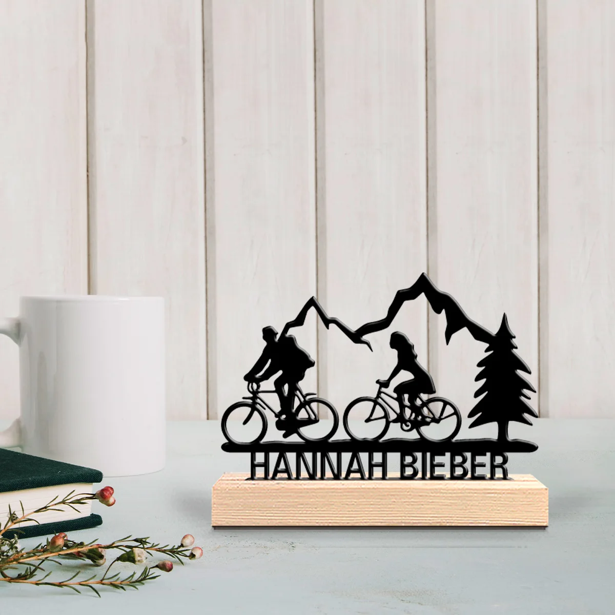 1pc Romantic Personalized Custom Mountain Bike Couple Metal Statues Metal Art With Wooden Base Ideal For Campers, Hikers, Nature