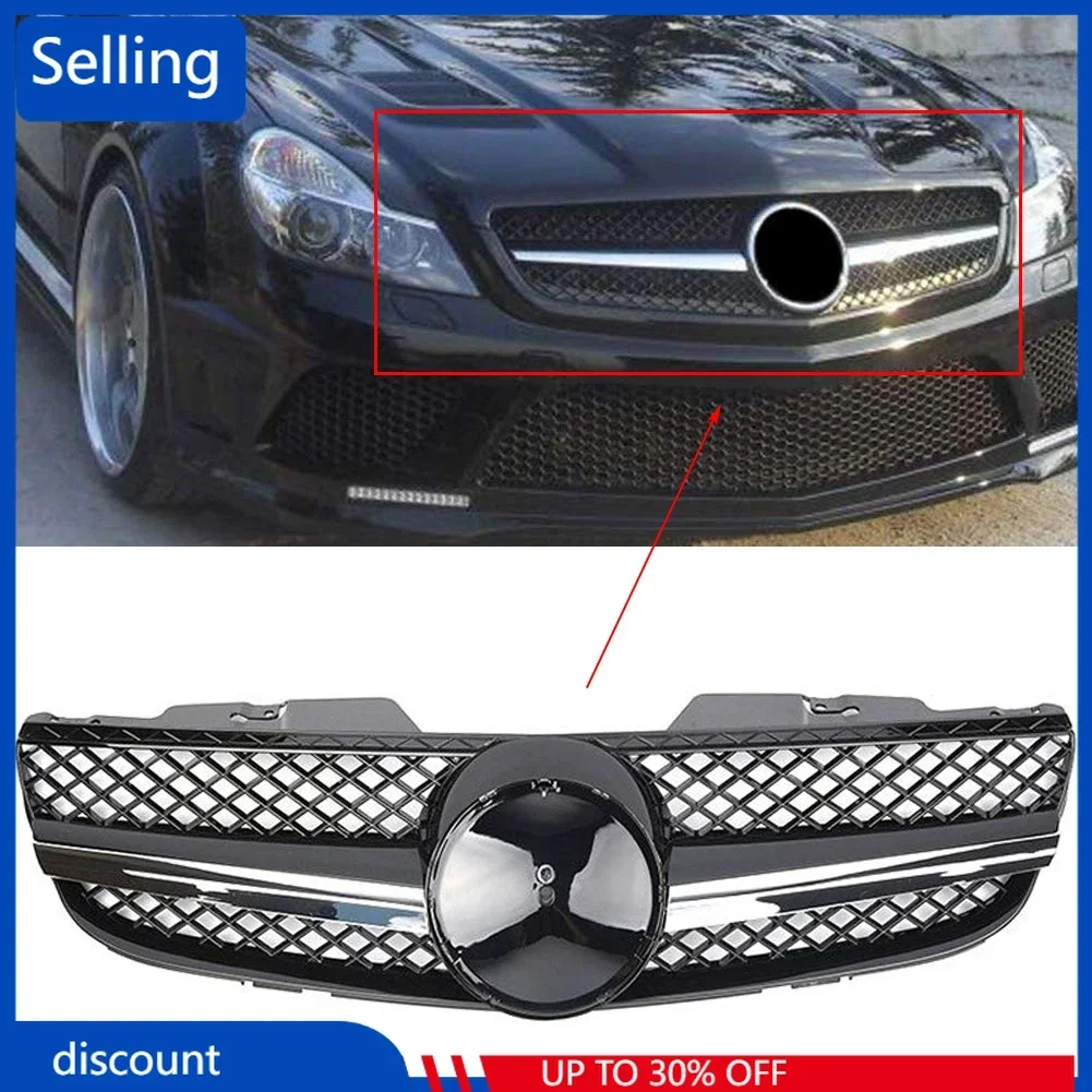 Car Front Grill 1 Pin Chrome Mesh Radiator Grille For Mercedes-Benz R230 SL-Class SL500 SL550 SL600 2007 2008 2009 ABS w/ emblem