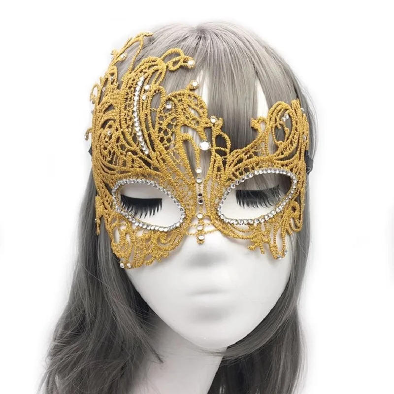 Adult Halloween Lace Mask with Acrylic Diamond Gold Silver Phoenix Design Women's Sexy Party Princess Half Face Mask