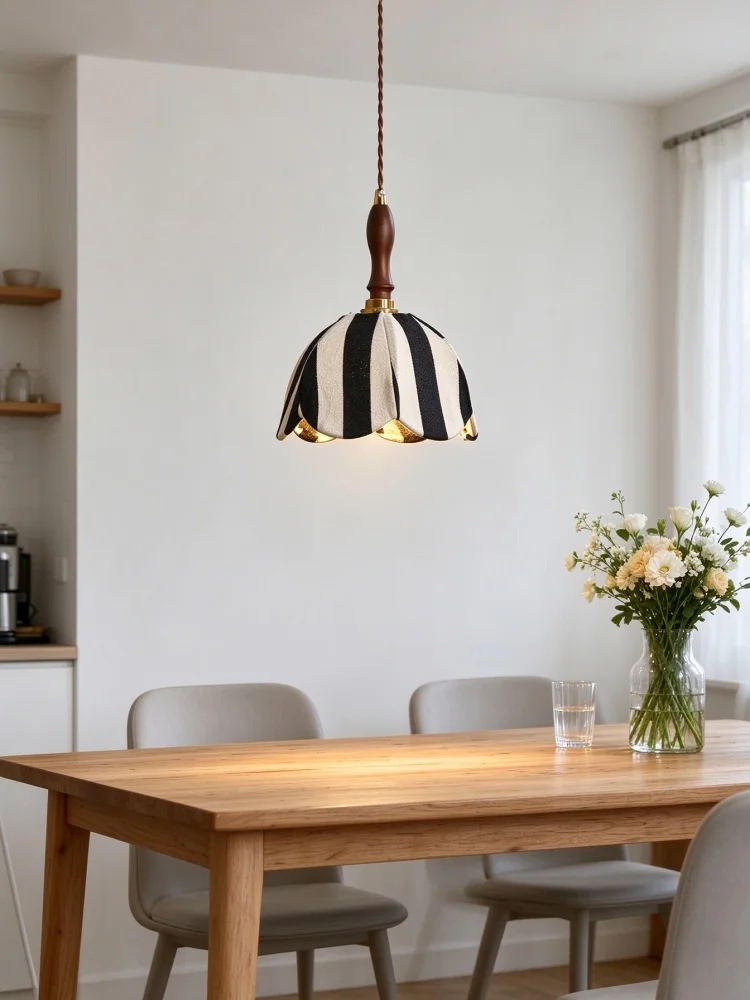 Vintage Black White Stripe Fabric Pendant Light Solid Wood Hanging Lamp E27 90-260V Adjustable 1.5m Wire
