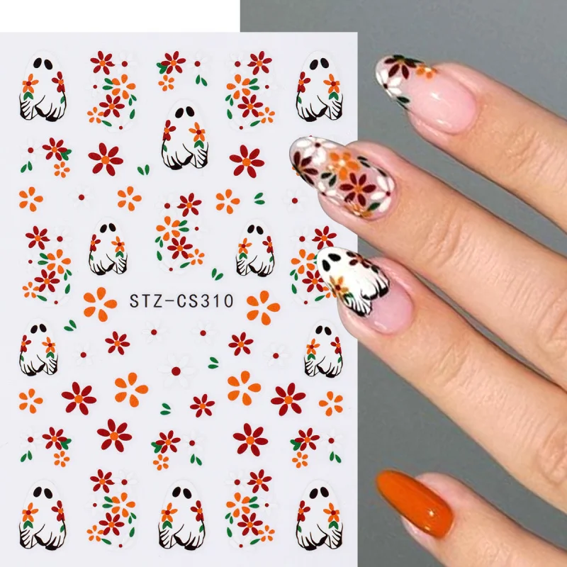 2 pezzi adesivi per nail art 3D Halloween fantasma spettrale e fiore decalcomanie autoadesive per cursori disegni simpatici cartoni animati per manicure festive