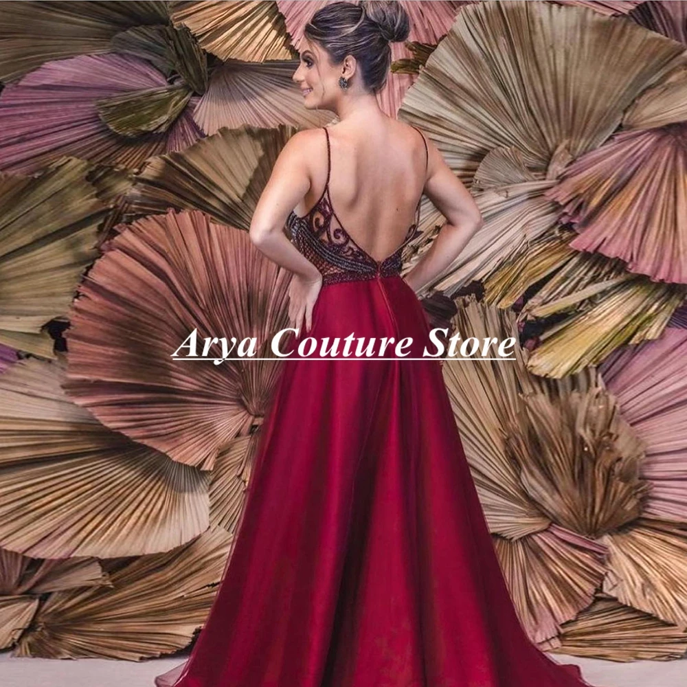 Sexy Burgundy Prom Dress Appliques A-Line Satin Party Gown Backless Floor Length Sweep Train Formal Evening Dresss Robes 2024