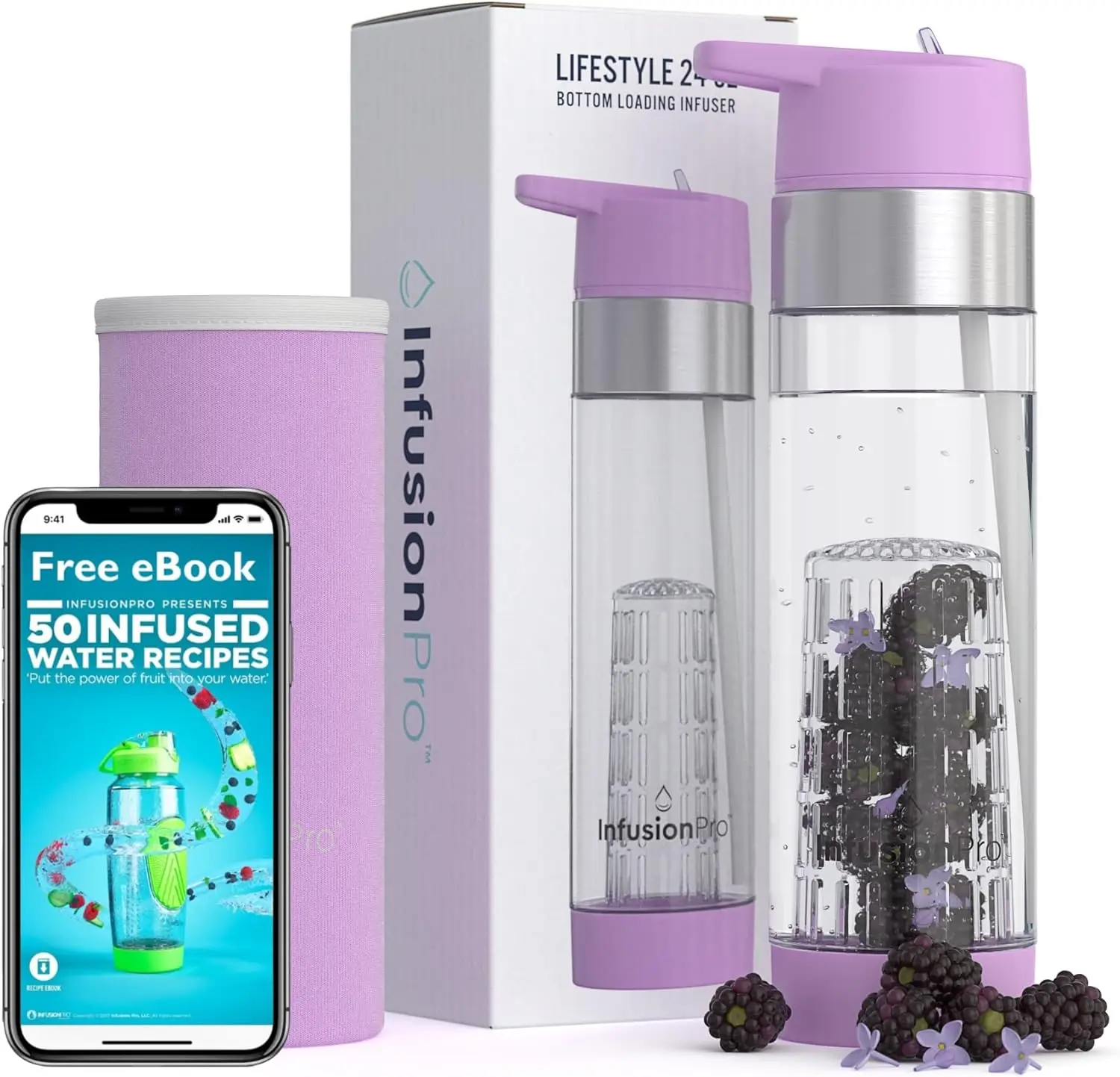 

Fruit Infuser Water Bottle 24 oz with Straw Lid, Insulated Sleeve, Bottom Loading Infuser, eBook – Orchid