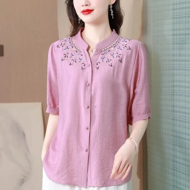 

Women's Linen Blouse - Embroidery Collar Half-Sleeve Casual Shirt