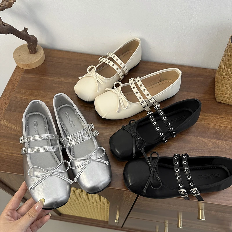 

New Lolita Dance Shoes for Women Ballet Flats Footwear Designer Female Butterfly-Knot Buckle Fashion Silk Ladies Round Toe Shoes