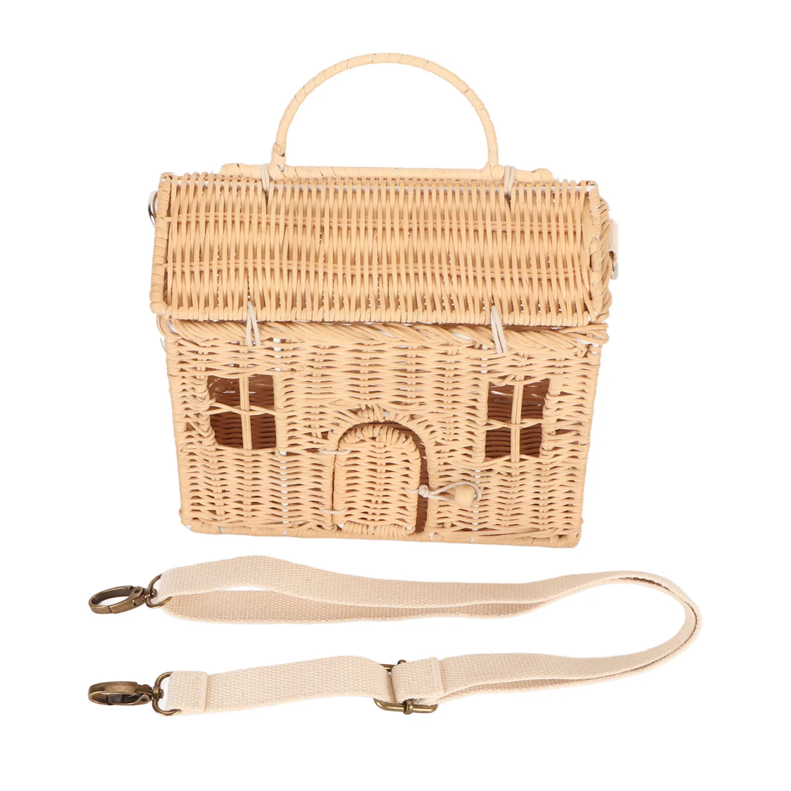 Handwoven Rattan Bag House Shape Portable Handle Adjustable Strap Rattan Shoulder Bag for Beach Travel Outing Summer Rattan Bags