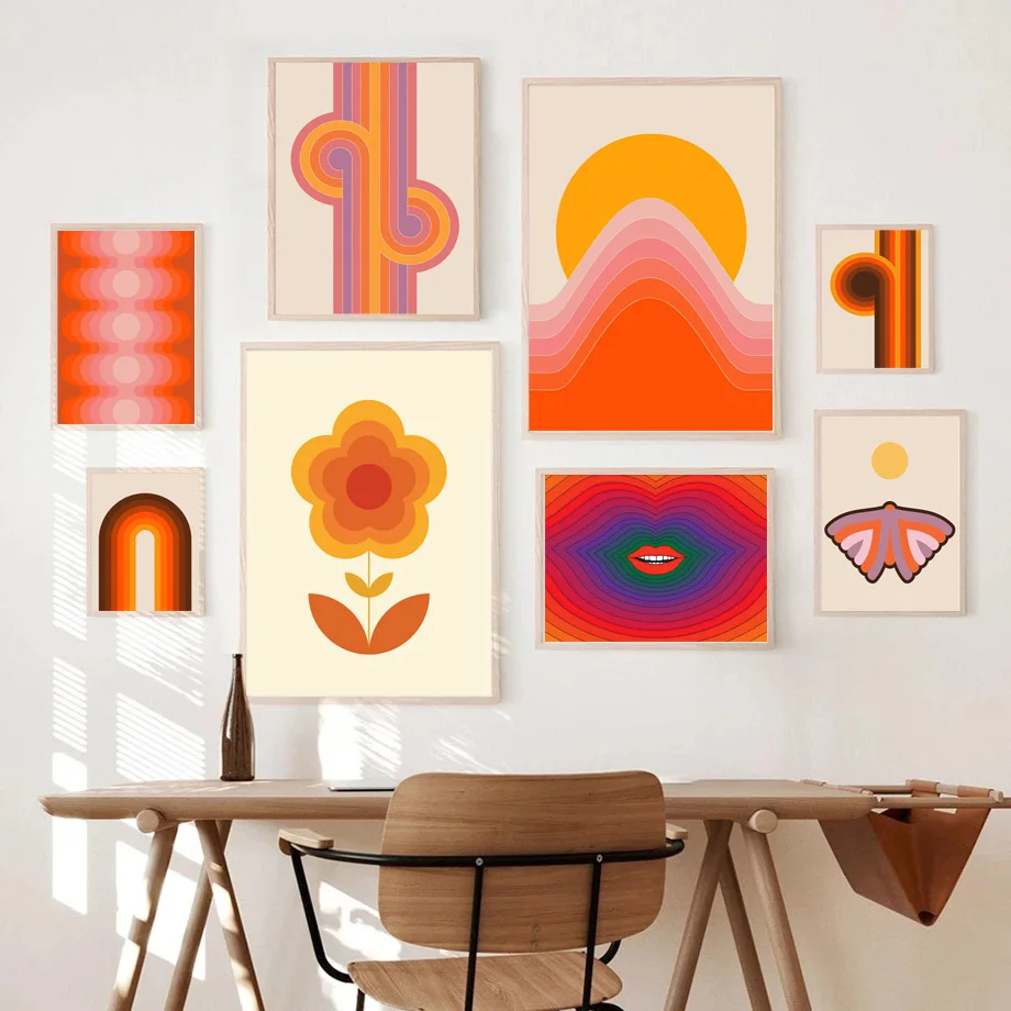 Retro 70er Jahre Streifen Kunstdrucke Sonnenuntergang Lippe Regenbogen Blume Schmetterling Poster Leinwand Gemälde Wandbilder für Wohnzimmer Dekoration