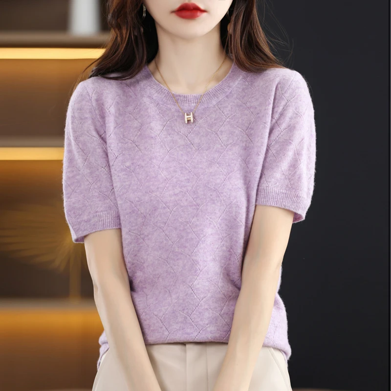 

S-XXLSummer New Women's Top T-shirt Fashion Slim Fit Solid Cut Out Knitted O-Neck Thin Women's Pullover Wool Sweater Multi Color