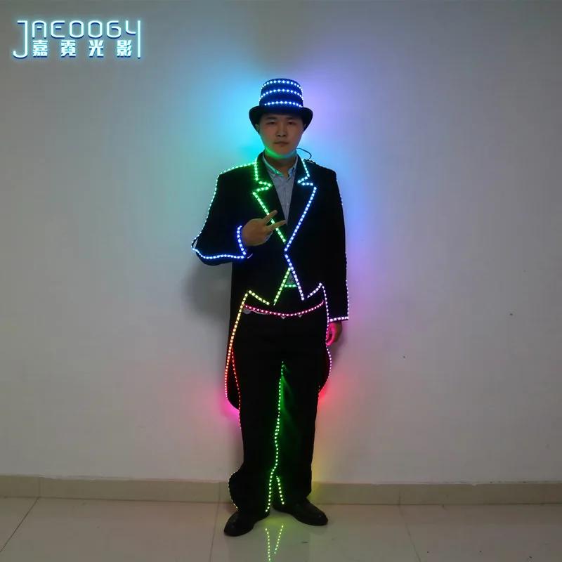 LED Tuxedo Suit Men Light Up Costume Luminous Jacket Pants Hat Tron Dance Clothes Party Stage Performance Show Magician Outfit