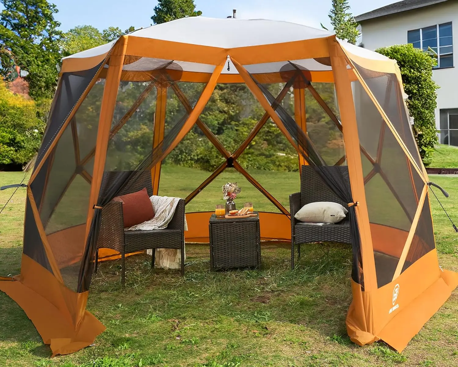 Pop Up Gazebo Tent for Backyard 11.5 X 9.8 Ft Instant Screened Tent Screen House Canopy with Netting Orange