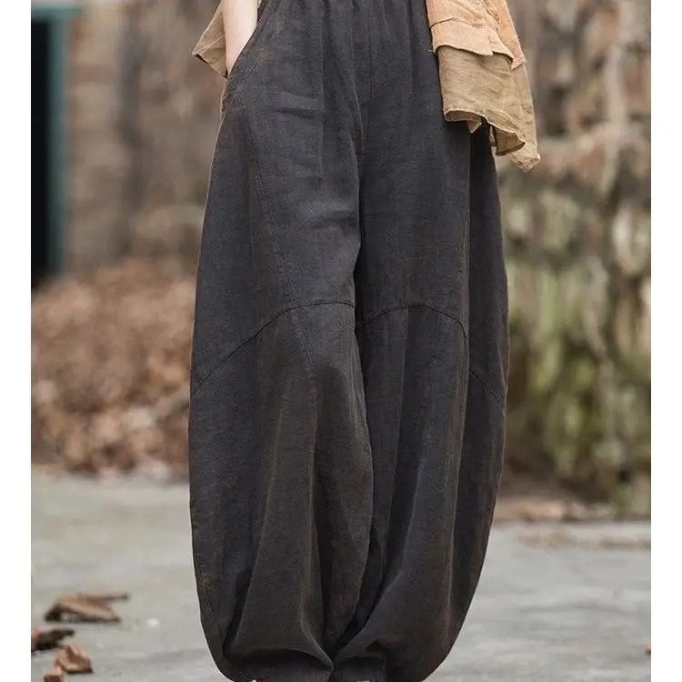 Pantaloni lunghi da donna di fascia alta in lino di cotone primaverile estivo con sabbia fritta vecchie pantaloni larghi da meditazione Tai Chi