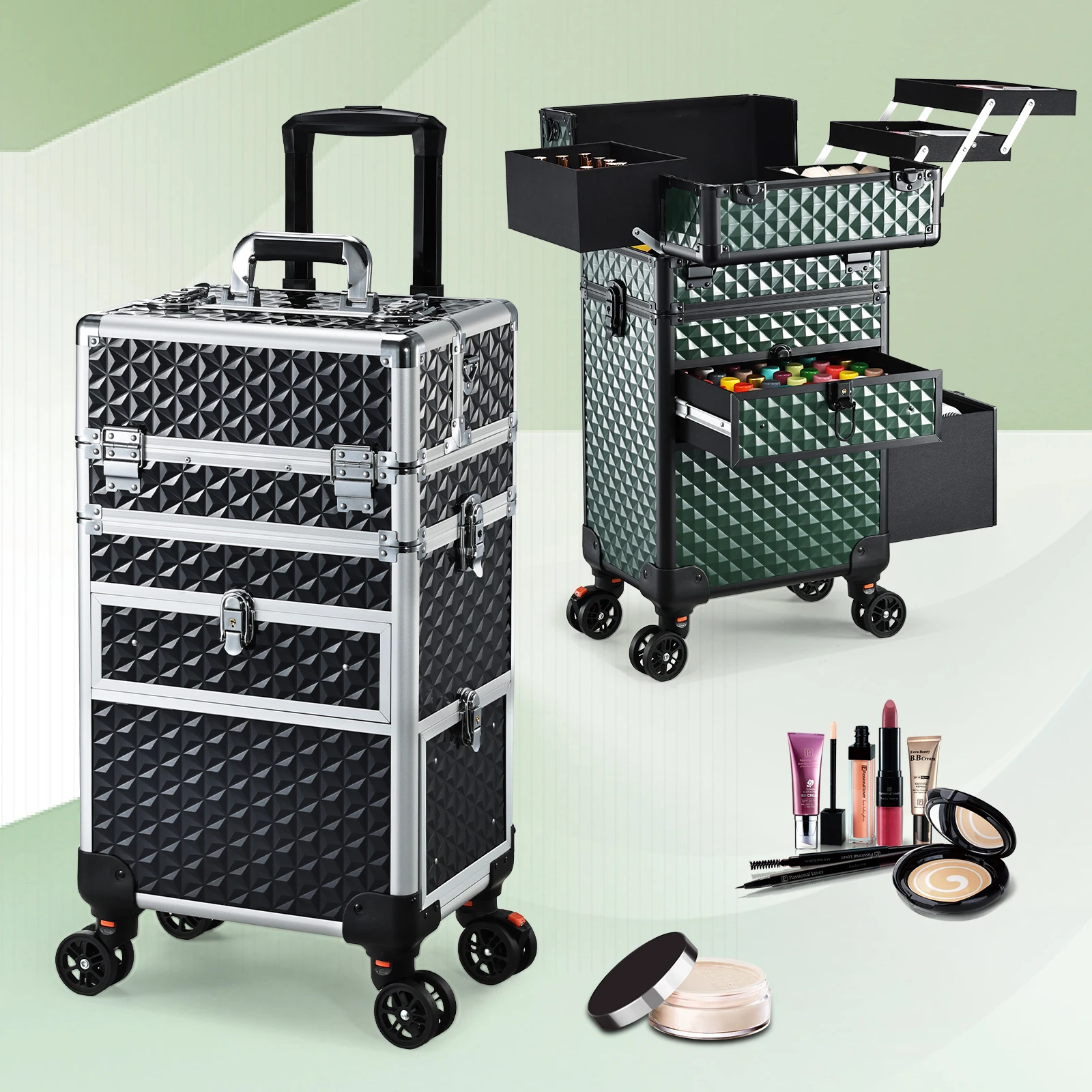 Trolley de Cosmétologie Professionnel sur Roues avec Grands Plateaux, Valise de Maquillage Roulante, Organisateur pour Barbier et Manucure, Chariot de Maquillage avec Tiroirs, Valise de Salon à Roulettes avec Clés