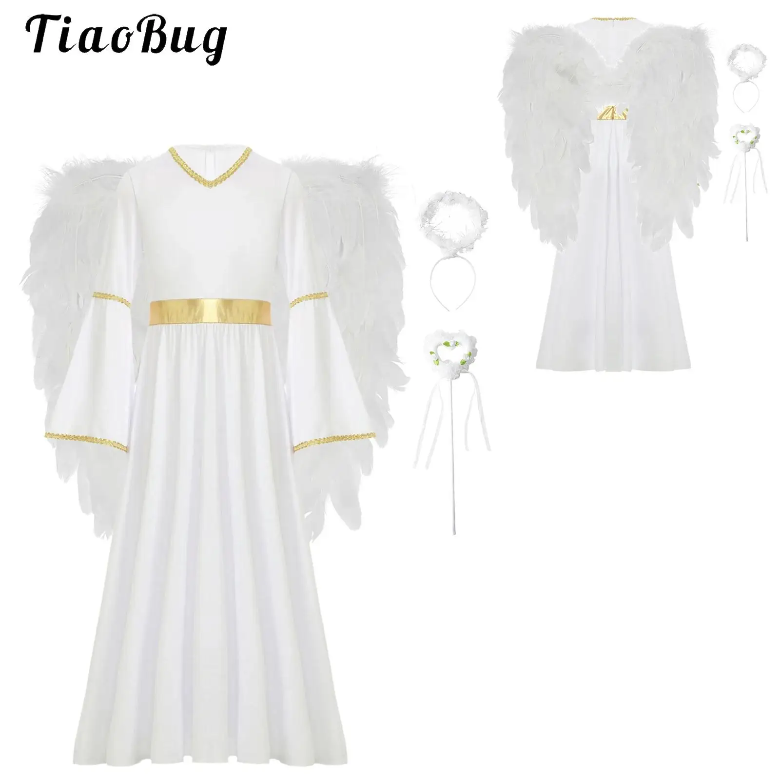 4 قطعة زي الملاك التأثيري للفتيات فستان الأميرة اليونانية مع ريشة أجنحة الملاك عقال الجنية العصي مجموعة بدلة كرنفال الهالوين #1