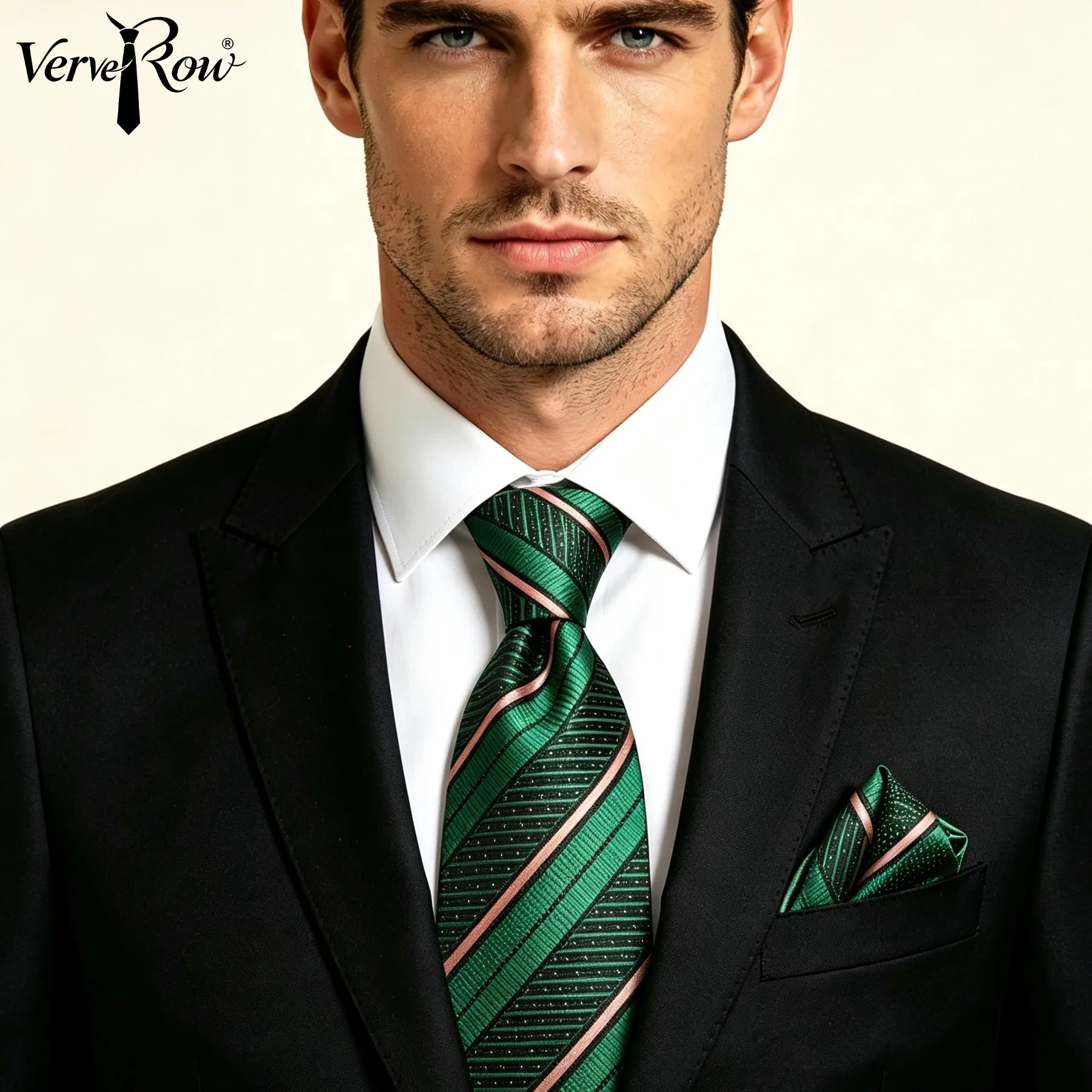 VERVEROW Mens Green Striped Necktie Set with Pocket Square Elegant Formal Tie for Ceremony Party Business Suit