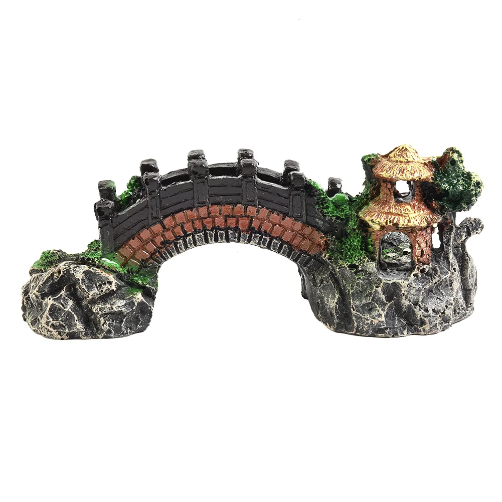 Bridge-Style Resin Aquarium Ornament with Pavilion and Tree Elements to Support Aquascaping Fish Hiding and Tank Decoration