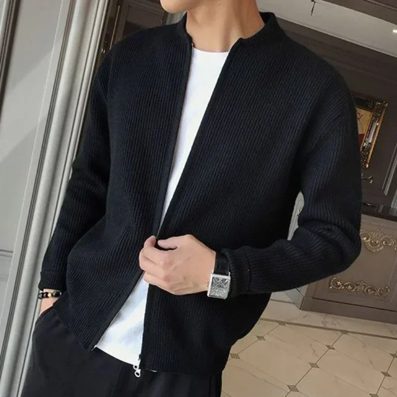 Man Clothes Coat Zipper Plain Knitted Sweaters for Men Jacket Zip-up Cardigan Solid Color Collared Thick Winter Spring Autumn X