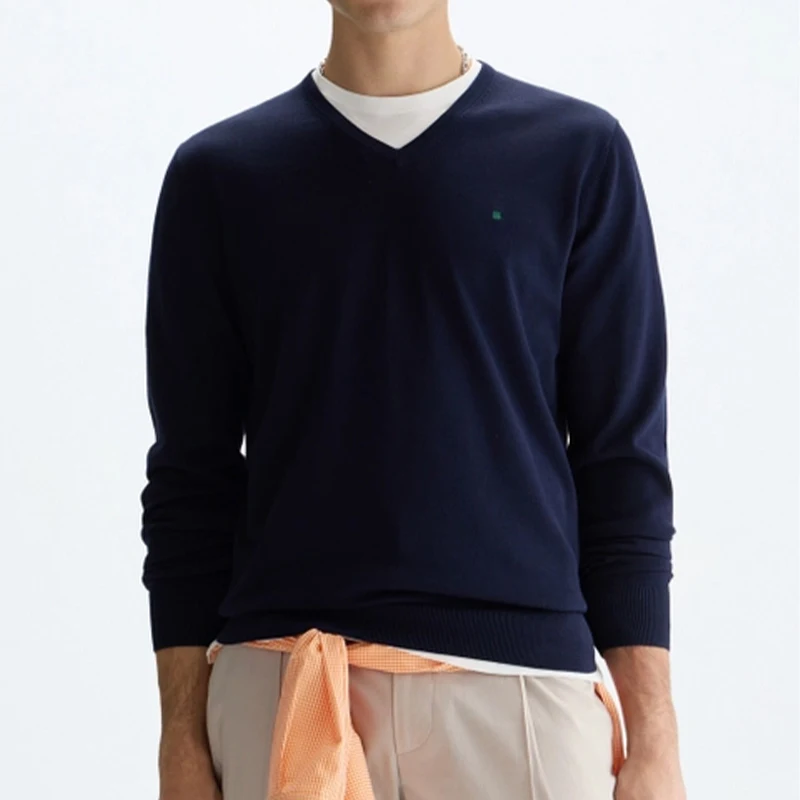 PG Buchstaben-Bestickter Einfarbiger V-Ausschnitt Langarm-Strickpullover für Herren, Reguläre Passform, Elegante Premium-Baumwoll-Oberteile – Detail 5