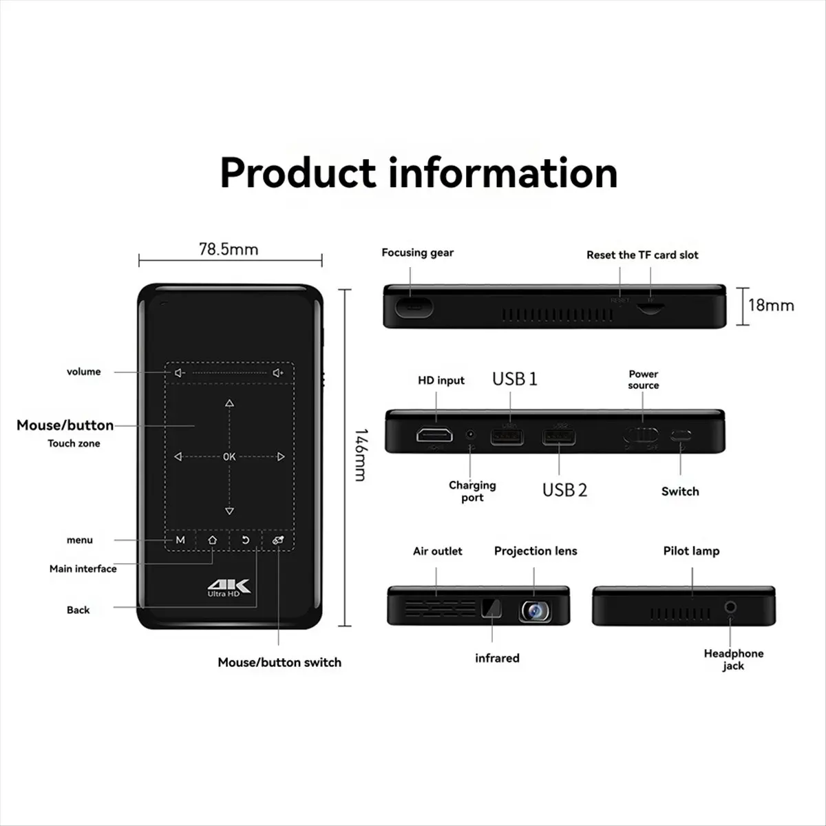 

(BAAY) 3D мини-проектор WIFI Android 4K HD с декодированием для домашних развлечений, с инфракрасным пультом ДУ и штативом (Великобритания)