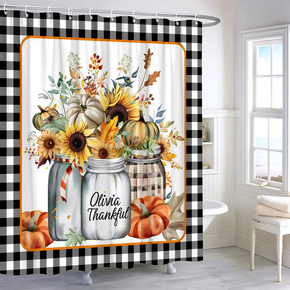 

Sunflower Vase Black and White Plaid Shower Curtain Autumn Pumpkin Leaf Thanksgiving Gift Polyester Bath Curtains Bathroom Decor