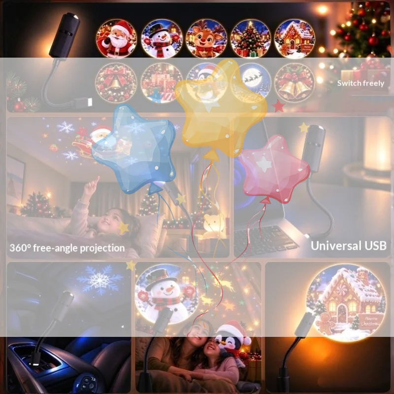 USB Christmas Projection Light Xmas Theme Slides Projection Lamp Cartoon Snowman Gingerbread Santafor Indoor Car Christmas Deco