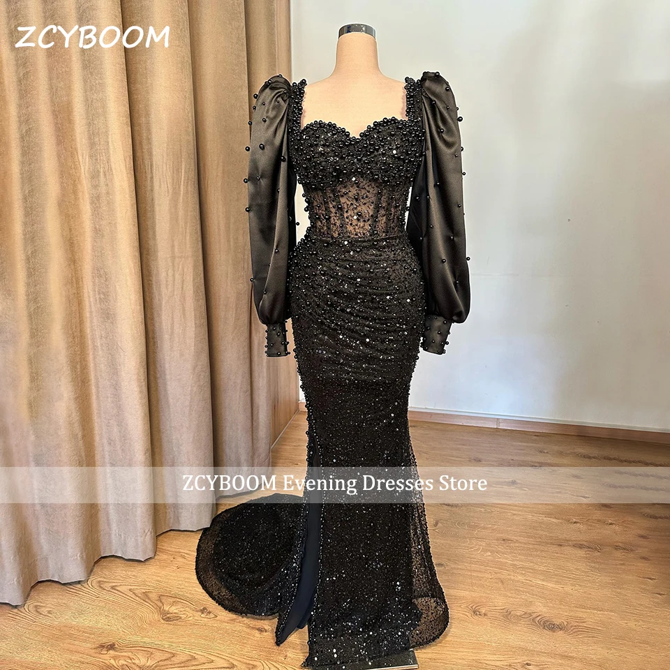 

Customized Luxury Black Pearls Beading Evening Dress 2025 Sweetheart Glitter Sequined Mermaid Formal Occasion Party Prom Gowns