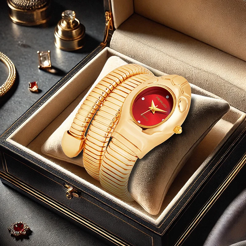 

Женские золотисто-красные классические роскошные бутиковые высококачественные змеевидные кварцевые часы.