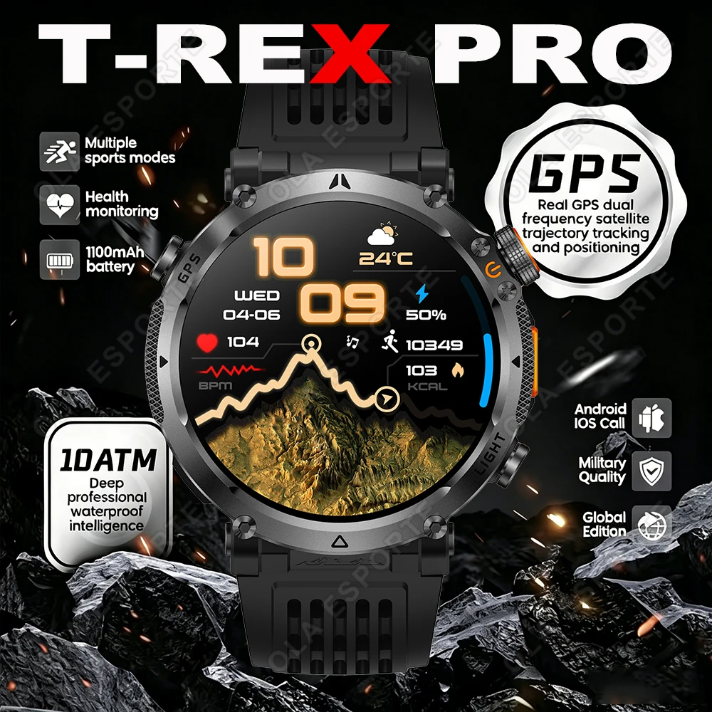 2026 New Military T-Rex3 Ultra Smart Watch Built in GPS Compass Altimeter Barometer Waterproof 850mAh Sports Bracelet Men HW12