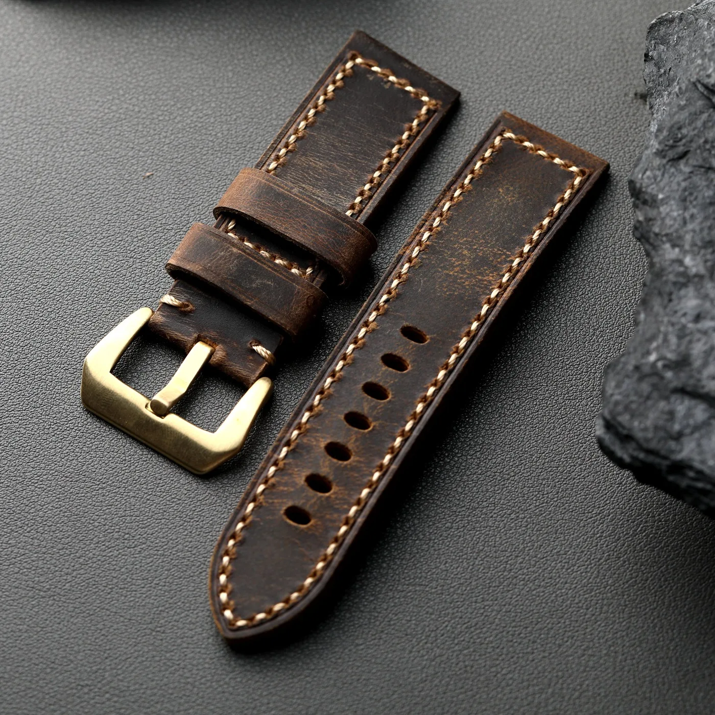 Handgefertigtes Oberschicht-Rindslederarmband, 20 22 23 24 26 mm, kompatibel mit mechanischem Uhrenarmband aus reinem Kupfer, Retro-dickem, robustem Kerl