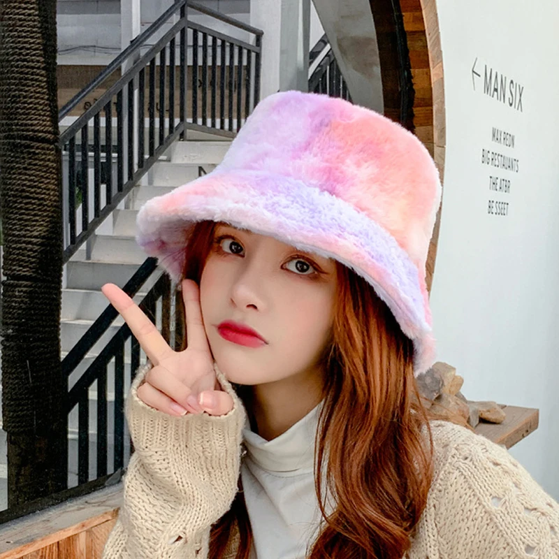 Tie Dye Colorful Plush Bucket Caps Lamb Wool Winter Hats For Women Panama Cap Furry Velvet Rainbow Sun Hats Girl Fisherman Hat