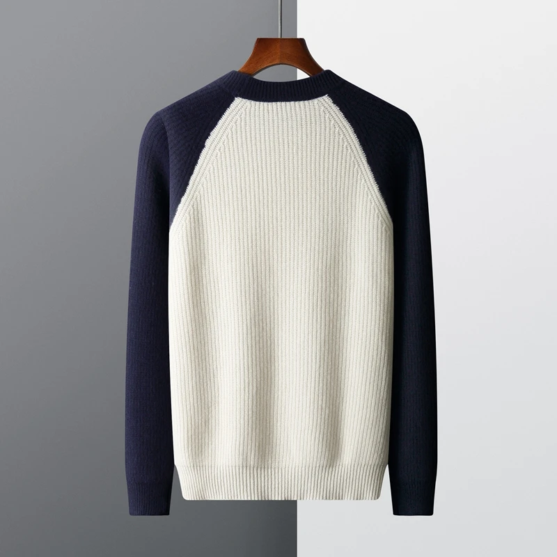 100% Merino Wool Men's O-neck Thickened Pullover Casual Loose Contrast Color Cashmere Sweater 2023 Autumn Winter Warm Underlay