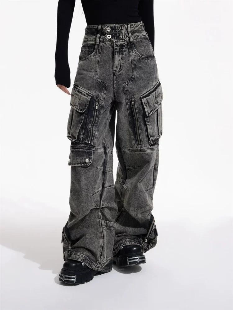 Trashy Y2K 2000S Streetwear Vintage Grey Baggy Pleated Cargo Jeans Pants For Women Clothing Multi Pockets Wide Leg Lady Trousers