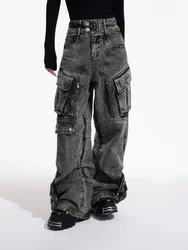 Trashy Y2K 2000S Streetwear Vintage Grey Baggy Pleated Cargo Jeans Pants For Women Clothing Multi Pockets Wide Leg Lady Trousers