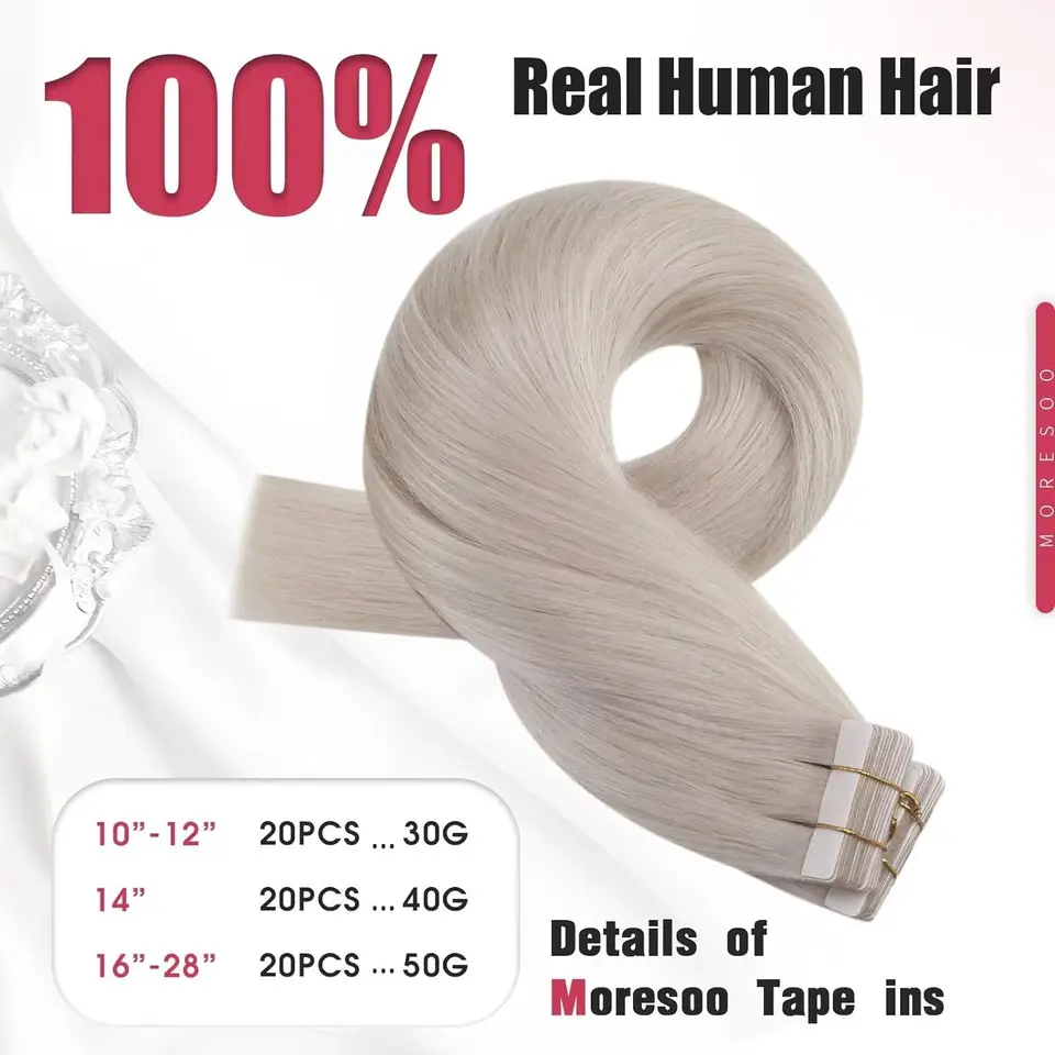 Moresoo Extensiones de Cabello con Cinta, Balayage, Cabello Humano Real Remy para Mujer, Invisibles y Sin Costuras, PU Skin Weft, Lacio 4
