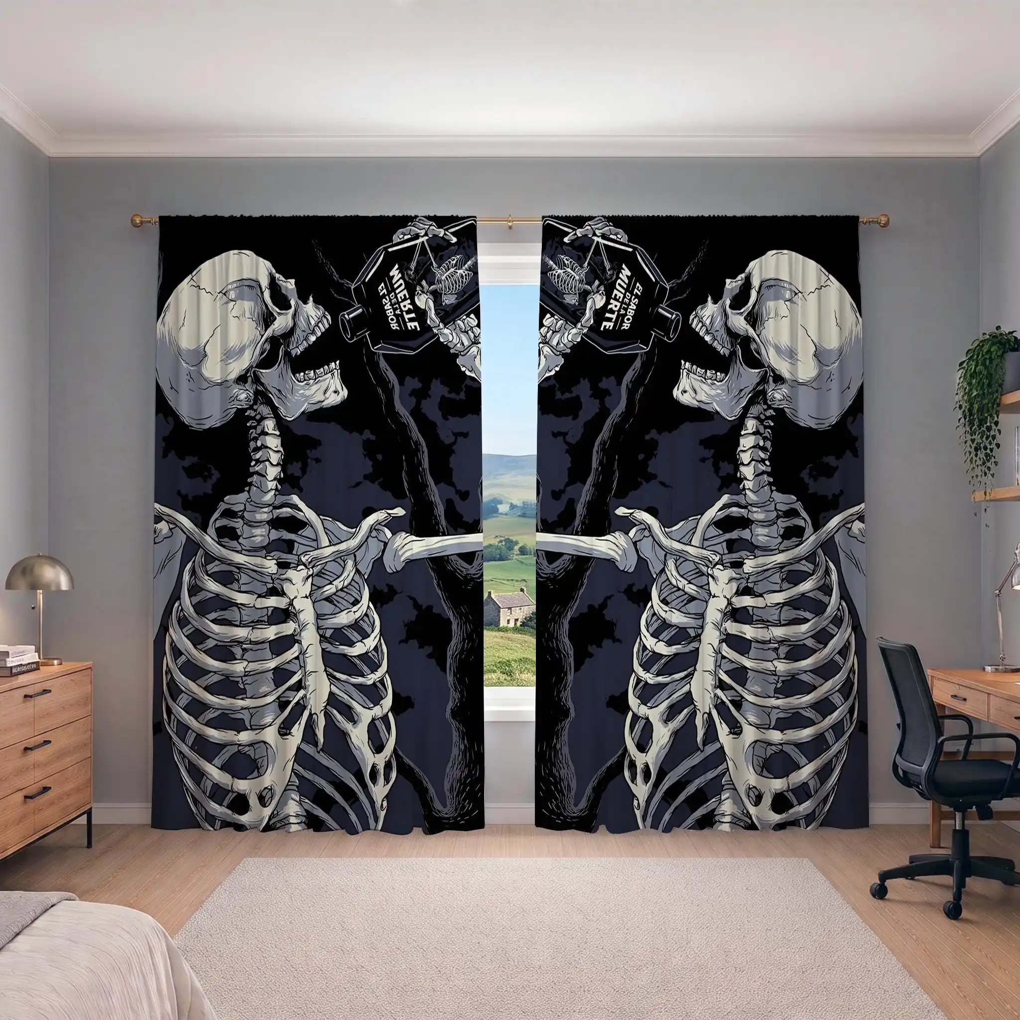 Gothic Skeleton Art Pair Curtains Dark Academia Aesthetic Living Room Window Drapes