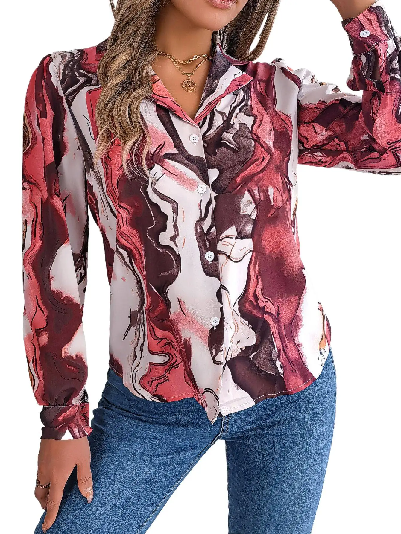 

Autumn Winter Casual Notched Long Sleeve Shirt Women Single Breasted Contrasting Colors Blouse Elegant Office Lady Clothes