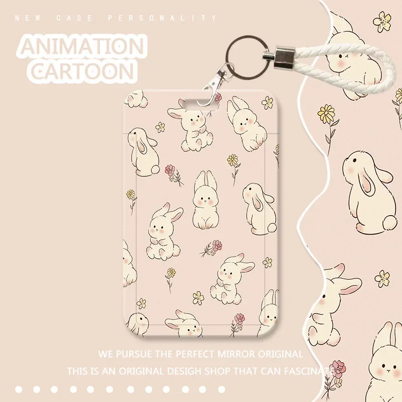 Cute Student ID Card Holder Cartoon Anime Bunny Floral Kpop Idol Photocard Cover Case with Lanyard Aesthetic Card Protector