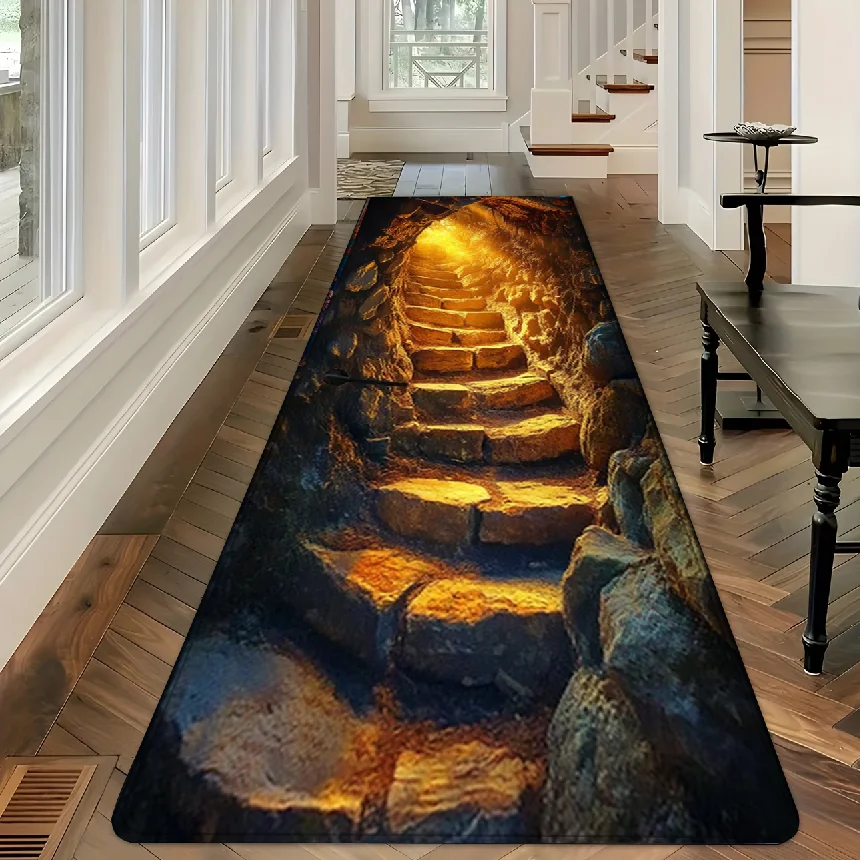 1pc Rug Carpet Mat Non-Slip 3D Stone Stair Cave Runner Rug for Hallway Entryway Bathroom Living Room Bedroom Kitchen Home Decor