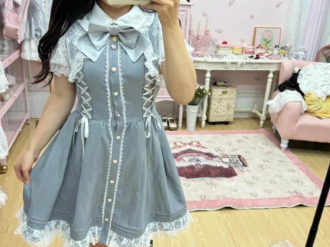 

Cloak-style Fake Two-piece Slim Version Short-sleeved Dress Summer New Doll Collar Bow Tie Single-breasted Slim-fit Dresses