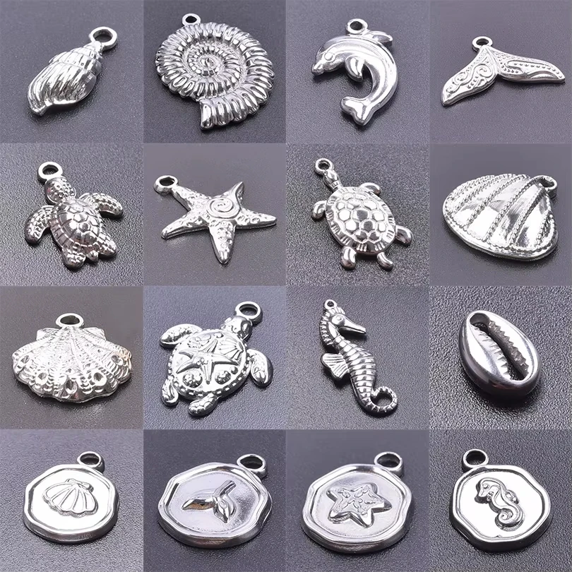 10pcs 3D Sea Ocean Animals Tail Turtle Stainless Steel Charms Jewelry Making Bracelet Necklace Conch Starfish Shell DIY Pendants