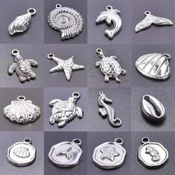 10pcs 3D Sea Ocean Animals Tail Turtle Stainless Steel Charms Jewelry Making Bracelet Necklace Conch Starfish Shell DIY Pendants