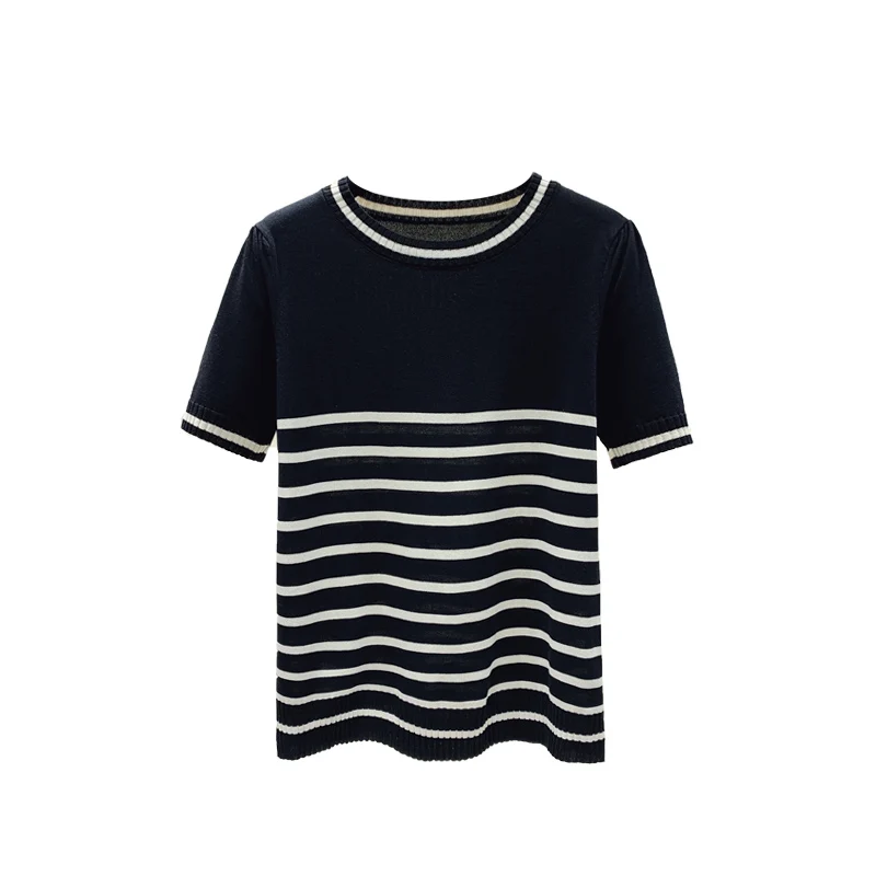 2025 Summer Women O-Neck Cashmere Wool Knitted Pullovers Short Sleeve Loose Jumper Knitwear Sweaters Striped Casual Tops